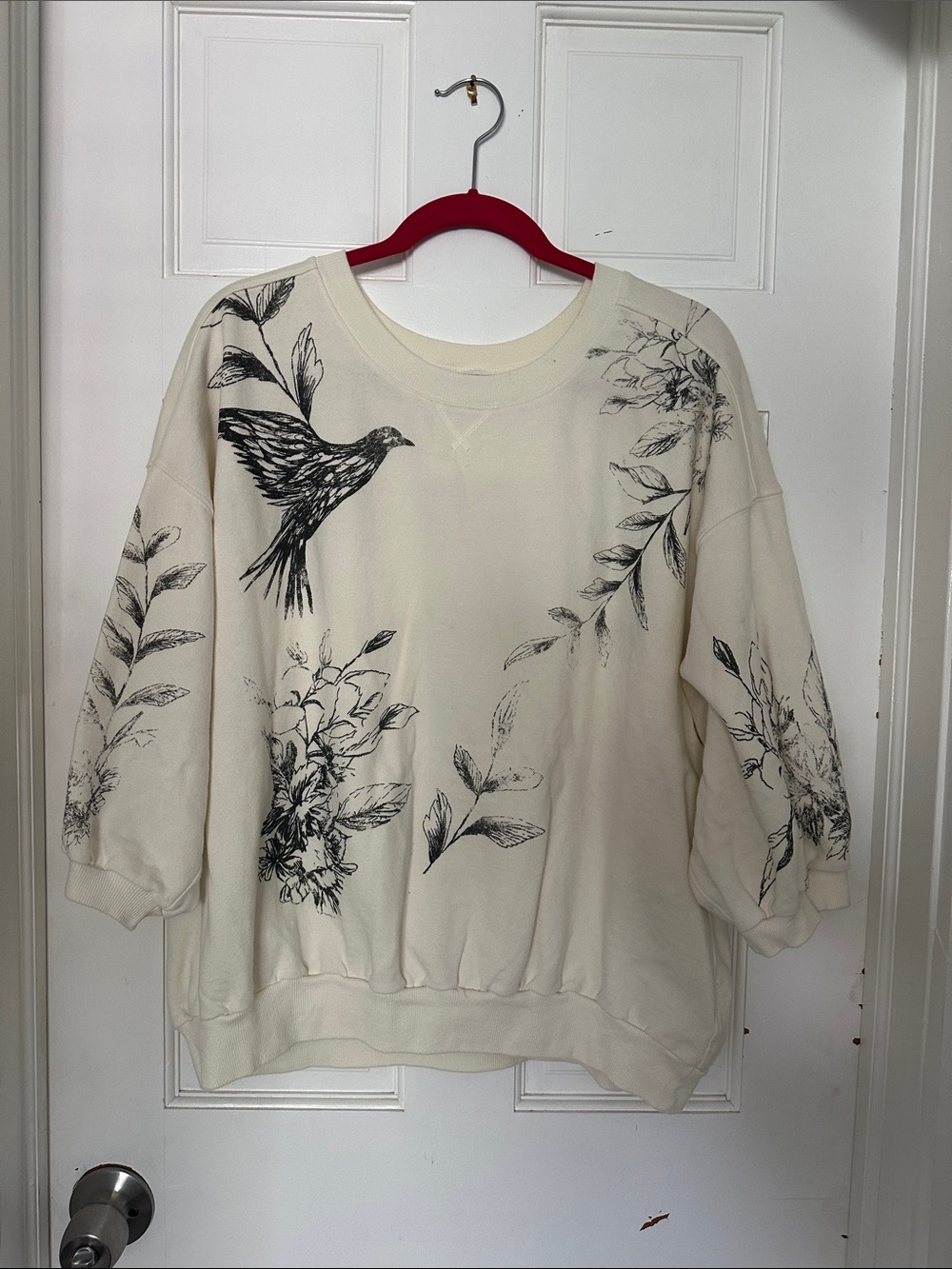 Pilcro Cream Pullover Sweatshirt with Black Botanical & Bird Print - Picture 1 of 4